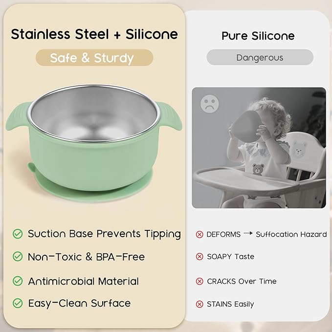 Bella's Friends Stainless Steel and Silicone Baby Bowls with Suction 3 Pack, 4.3” for Toddlers Kids Feeding, Non-Slip, Non-Toxic, Mess-Free, Dishwasher Safe, Fit High Chair Size, beige green blue