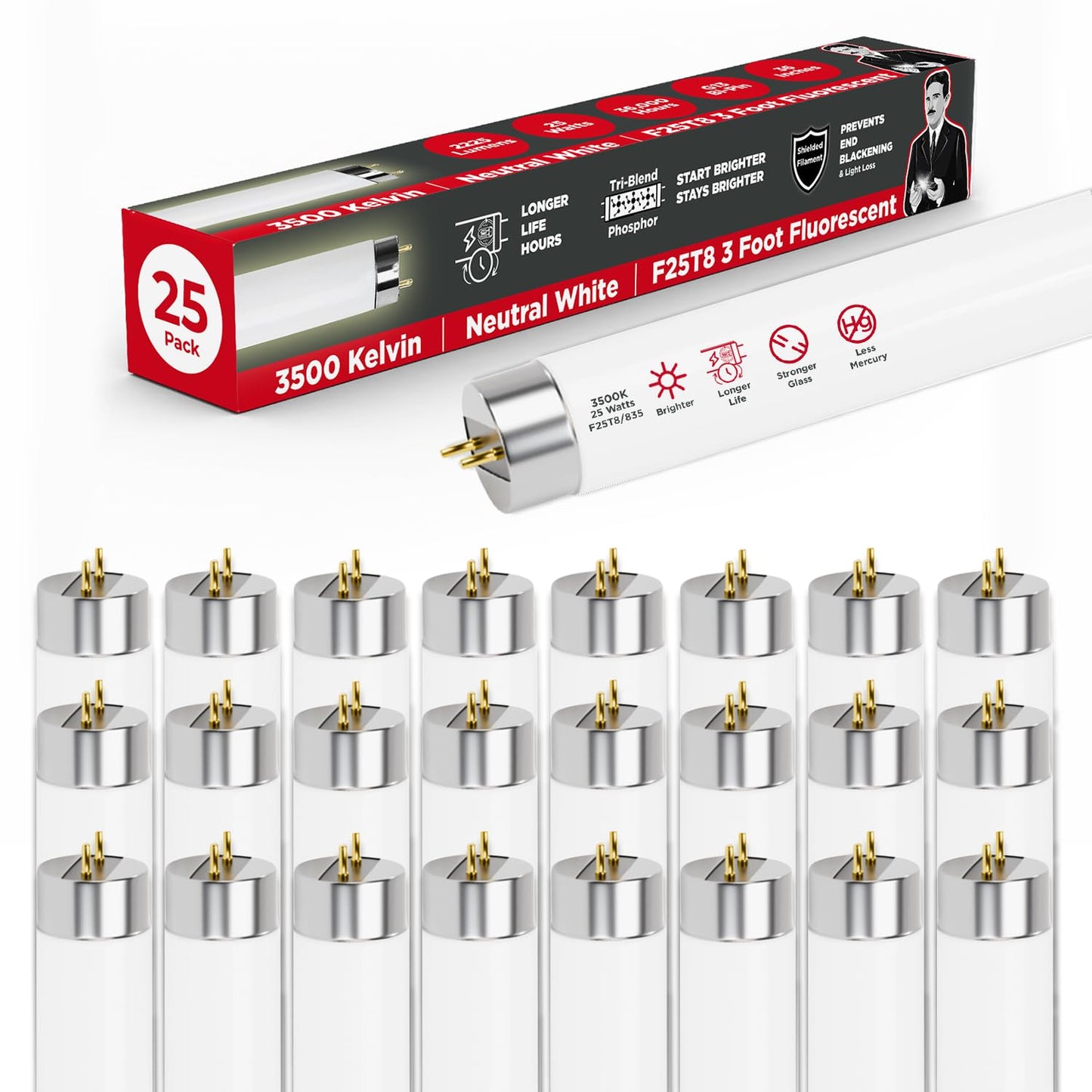 Goodbulb 25W T8 Fluorescent Light Bulb - 3500K Soft White, 2225 Lumens, 25 Count Pack