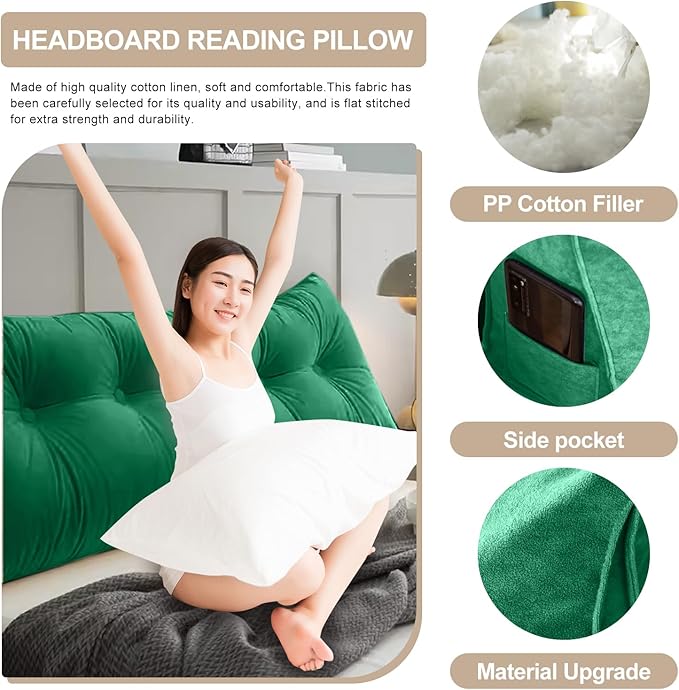 Large Triangular Headboard Pillows Long Backrest Positioning Support Bolster Cushion for Daybed Fluffy Quality Plush Body Wedge Pillow with Removable Cover(Dark green-Queen-59x8x20in)