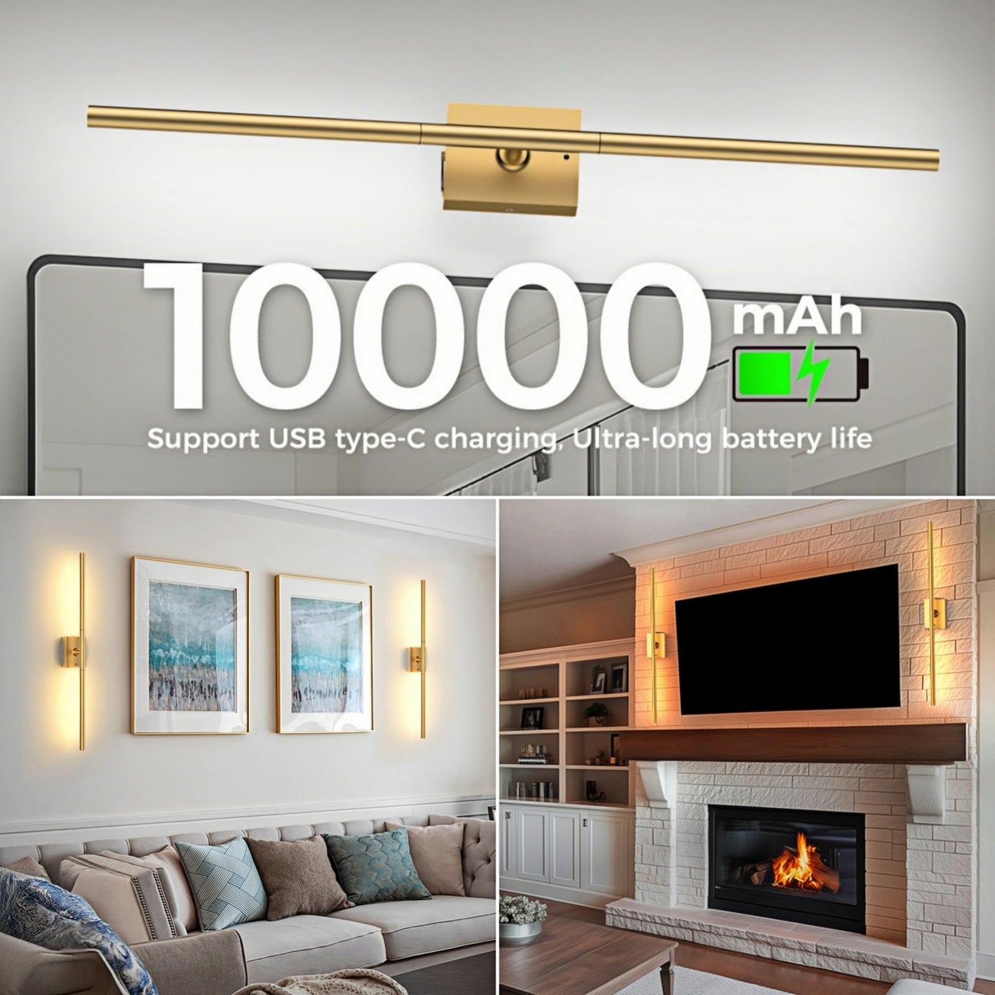 Battery Operated Wall Sconces Set Of Two: Dimmable Wireless Wall Lights With Remote  31.5Inch Led Rechargeable Sconces  360?Lighting Wall Scone Decor For Tv  Mirror  Bedroom  Living Room(Gold)