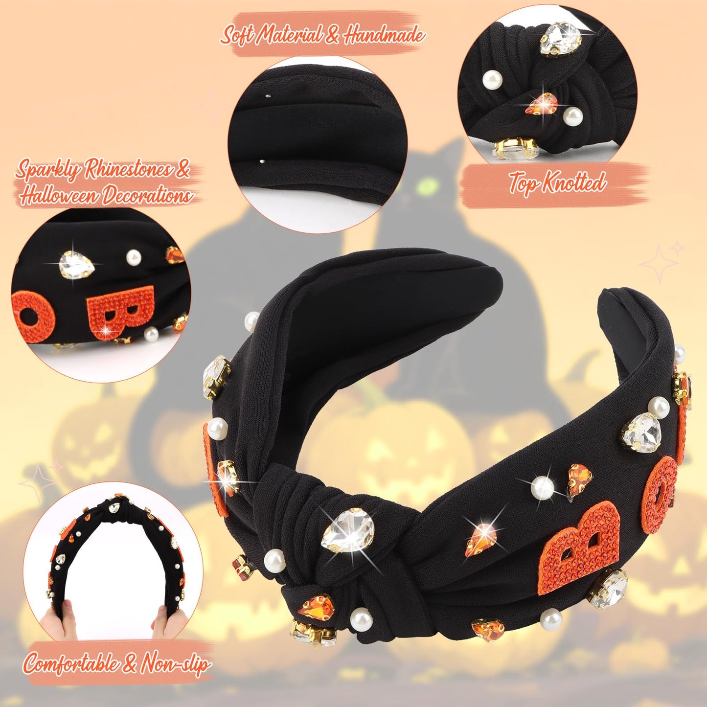 YARIEW Halloween Knotted Headbands for Women Rhinestone Ghost Headband for Women Fashion Headband Hair Accessories Halloween Bir