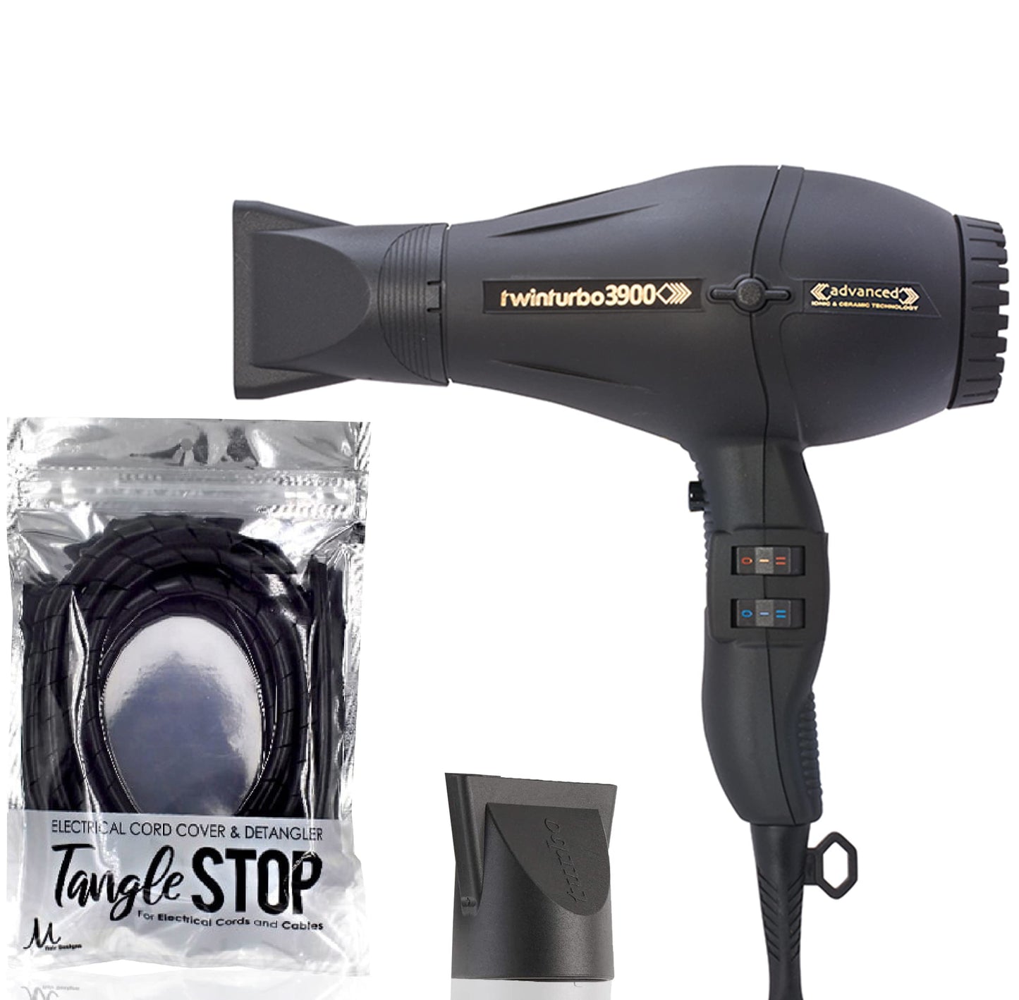 Turbo Power Twin Turbo 3900 Advanced Ionic & Ceramic Black Hair Dryer + M Hair Designs Tangle Stop Cord Detangler (Bundle) - Fas