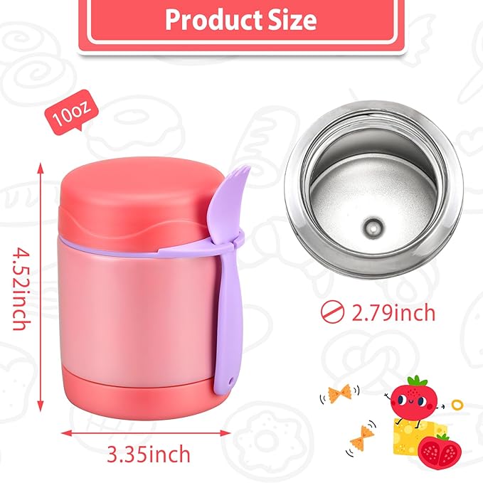 10oz Soup Thermo for Hot Food Kids, Insulated Food Jar with Spoon, Leak Proof Stainless Steel Wide Mouth Lunch Food Thermo Jar for School (Pink)