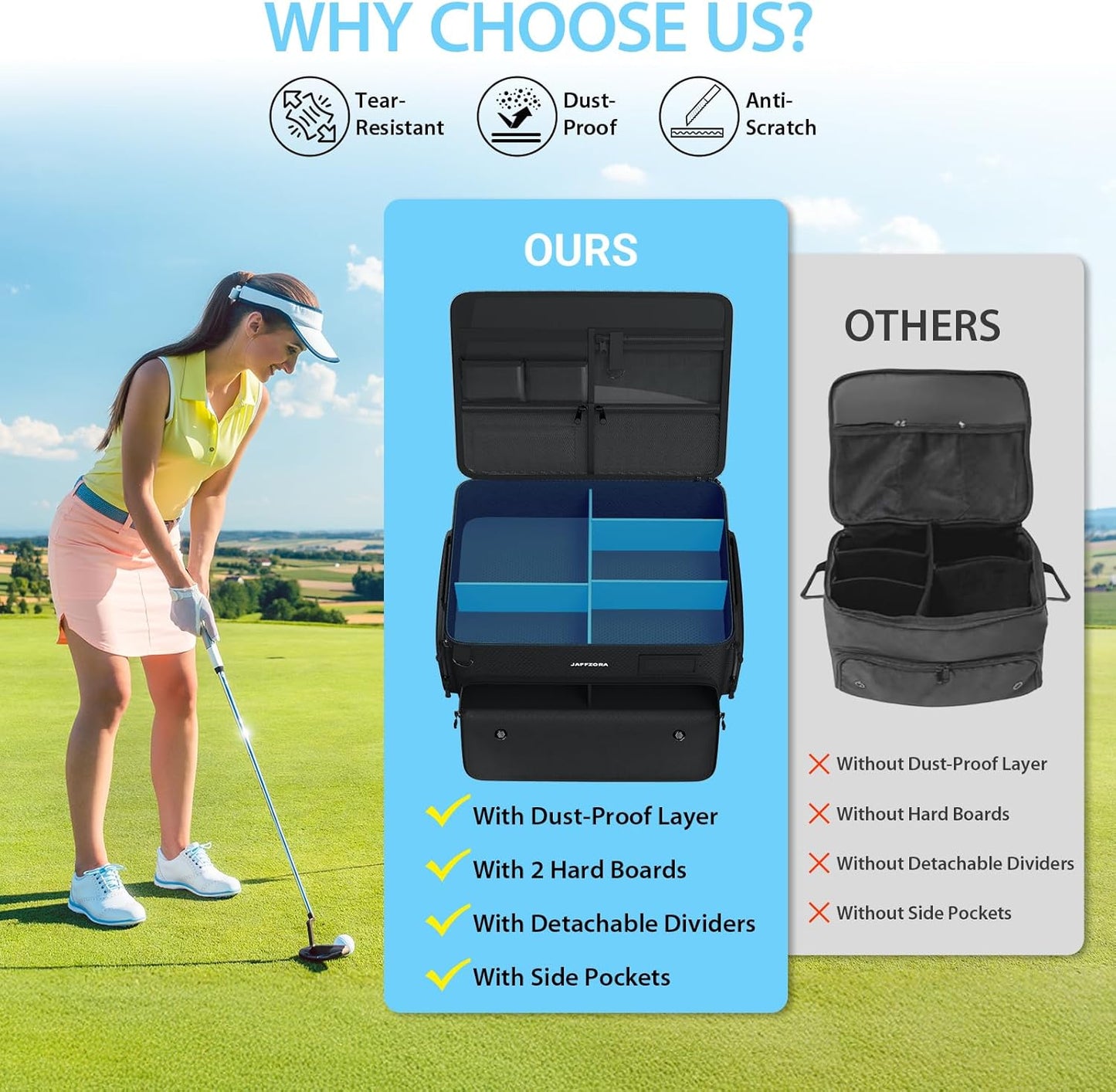 3-Layer Golf Trunk Organizer, Golfer Gifts for Men Women with Separate Ventilated Compartment for 2 Pairs Shoes, Waterproof Car Golf Locker Storage Bag for Golf Gear and Accessories,Black