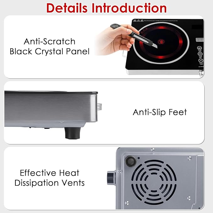 Infrared Electric Cooktop, 3500W Ceramic Single Hot Plates for Countertop, 12 Power Levels 0-3H Timer, Portable Handle, LED Display, Portable Stove for Home RV Camping(Black)