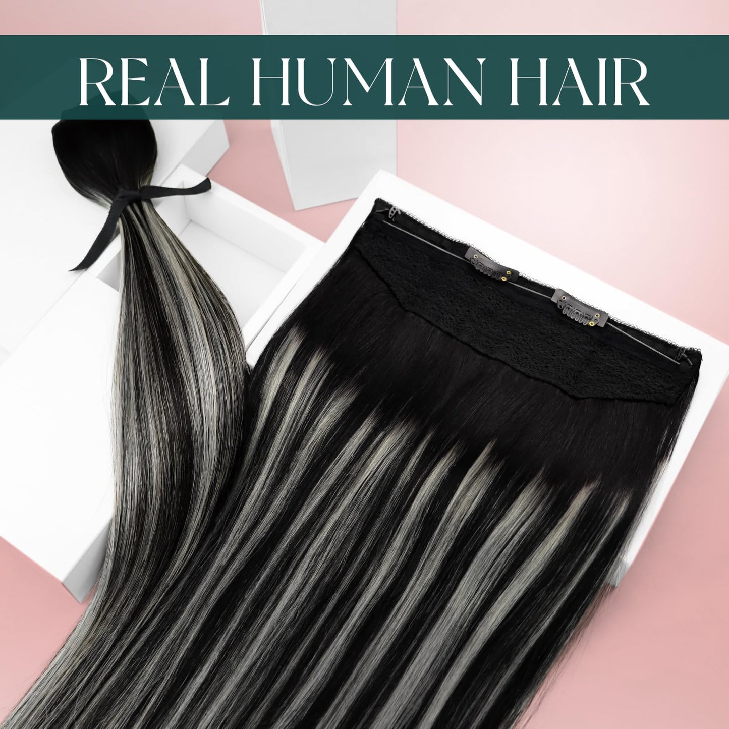 Easyouth Wire Extensions Real Human Hair Ombre Wire Hair Extensions Balayage Black with Silver Fish Line Hair Extensions Real Hu
