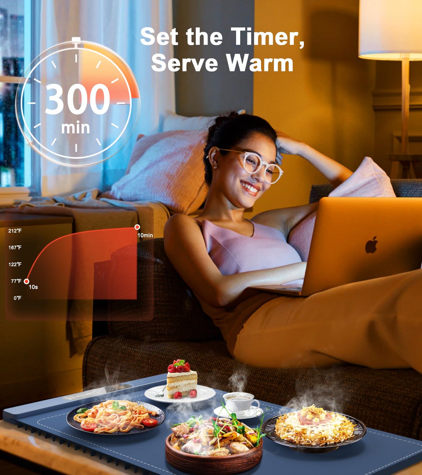 Warming Mat for Food, Electric Silicone Warming Tray for Buffet Party, 6 Temperature Settings, 5H Timer, Safety Lock, Foldable Plateful Food Warmer Mat for Countertop, Kitchen, Family