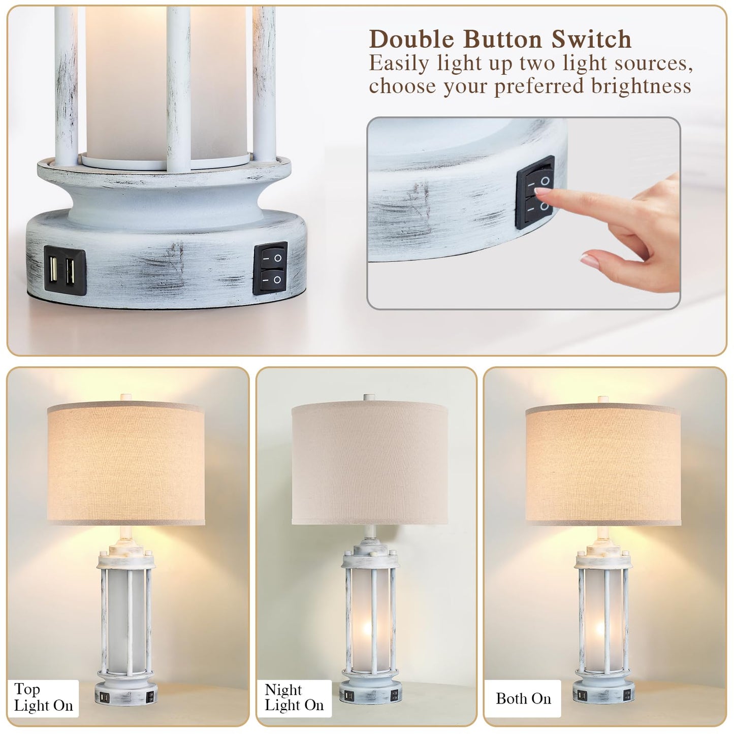 AIEAMPDO Rustic Table Lamps Set of 2, Vintage Nightstand Lamps with USB Ports, Antique White, 25in - Model VAR-8882-XFH