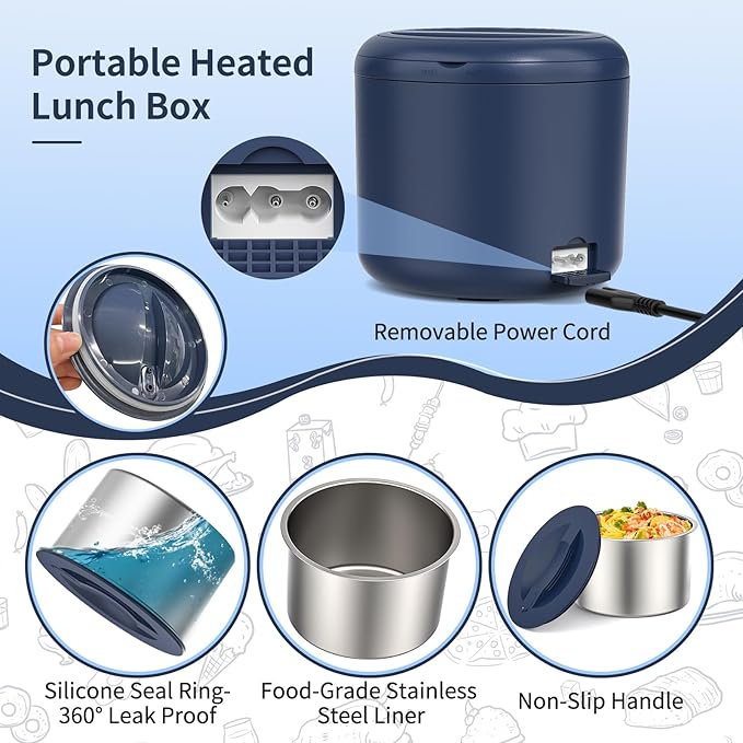 41-Ounce Electric Lunch Box 80W Heated Lunch Box, Portable Food Warmer for Work with 1.2L 304 Stainless Steel Container and 12V/24V/110V/220V Compatibility in Car Truck