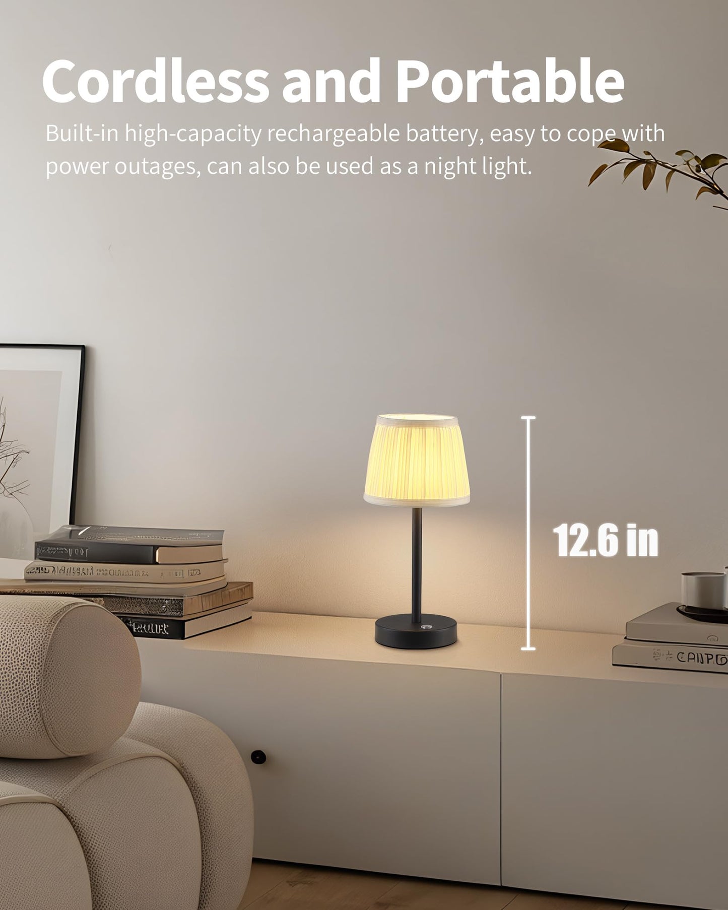 Pusu 2 Pack Cordless Led Black Table Lamps  Rechargeable 4000Mah 3 Way Dimmable Bedside Small Lamp With Fabric Shade  Lighting For Bedroom  Kids Room  Bathroom  Kitchen  Decor  Gift  Night Light