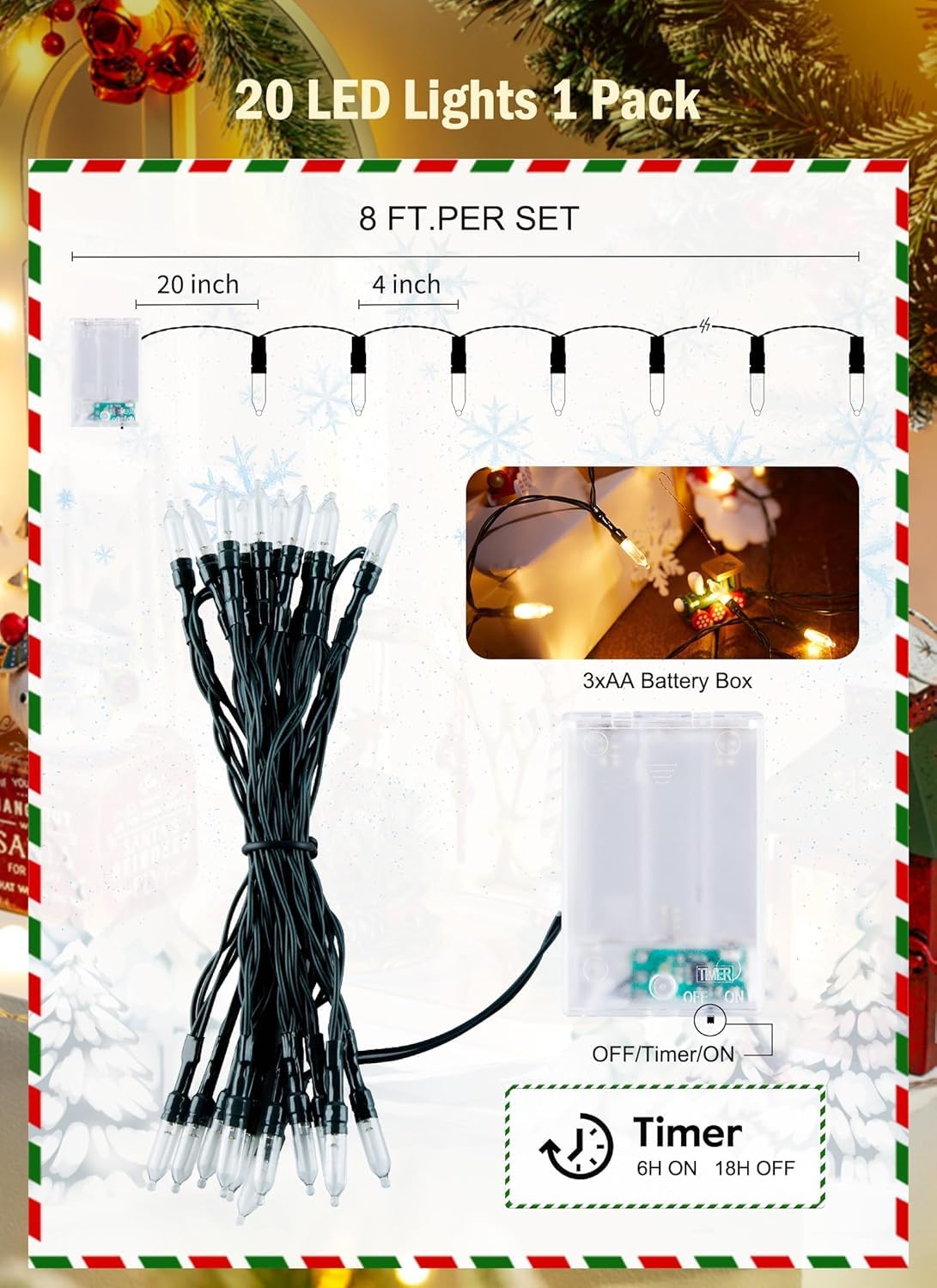 Brightown Battery Operated Christmas String Lights, 20 Led, 8Ft, Warm White, Timer, Indoor/Outdoor Decoration