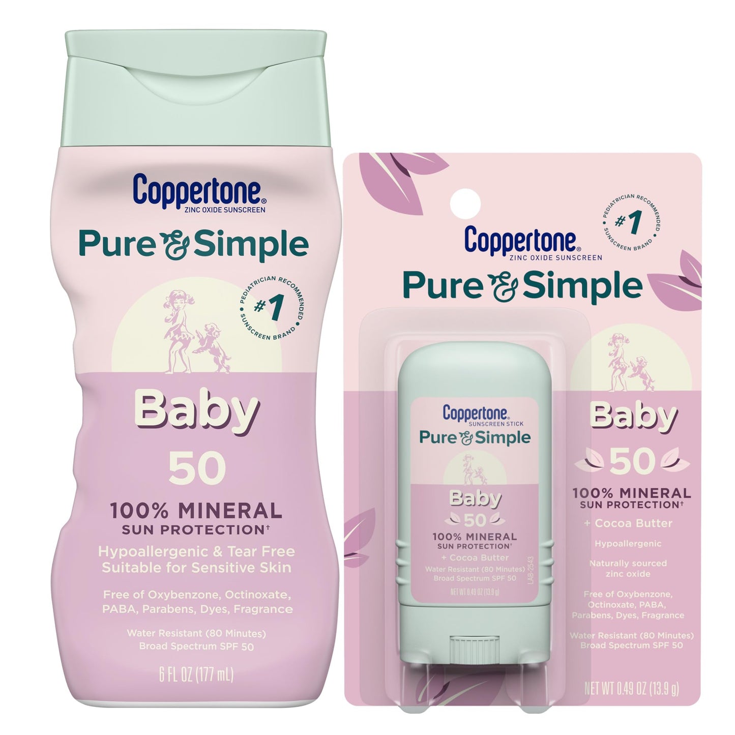Coppertone Pure and Simple Baby Mineral Sunscreen Lotion SPF 50 (6 Fl Oz) + Baby Sunscreen Stick SPF 50 (0.49 Oz), Hypoallergeni