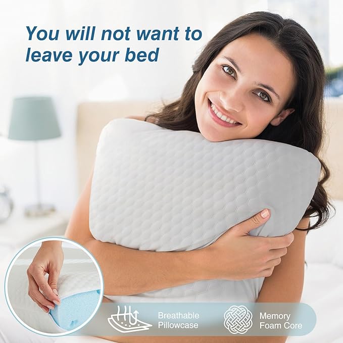 Sweetcrispy Memory Foam Pillows - Standard Size Neck Pillow, Ventilated Cooling Bed Pillow with Removable Cover, Comfort and Support, Best for Side, Back, and Stomach Sleepers, Living Room, White