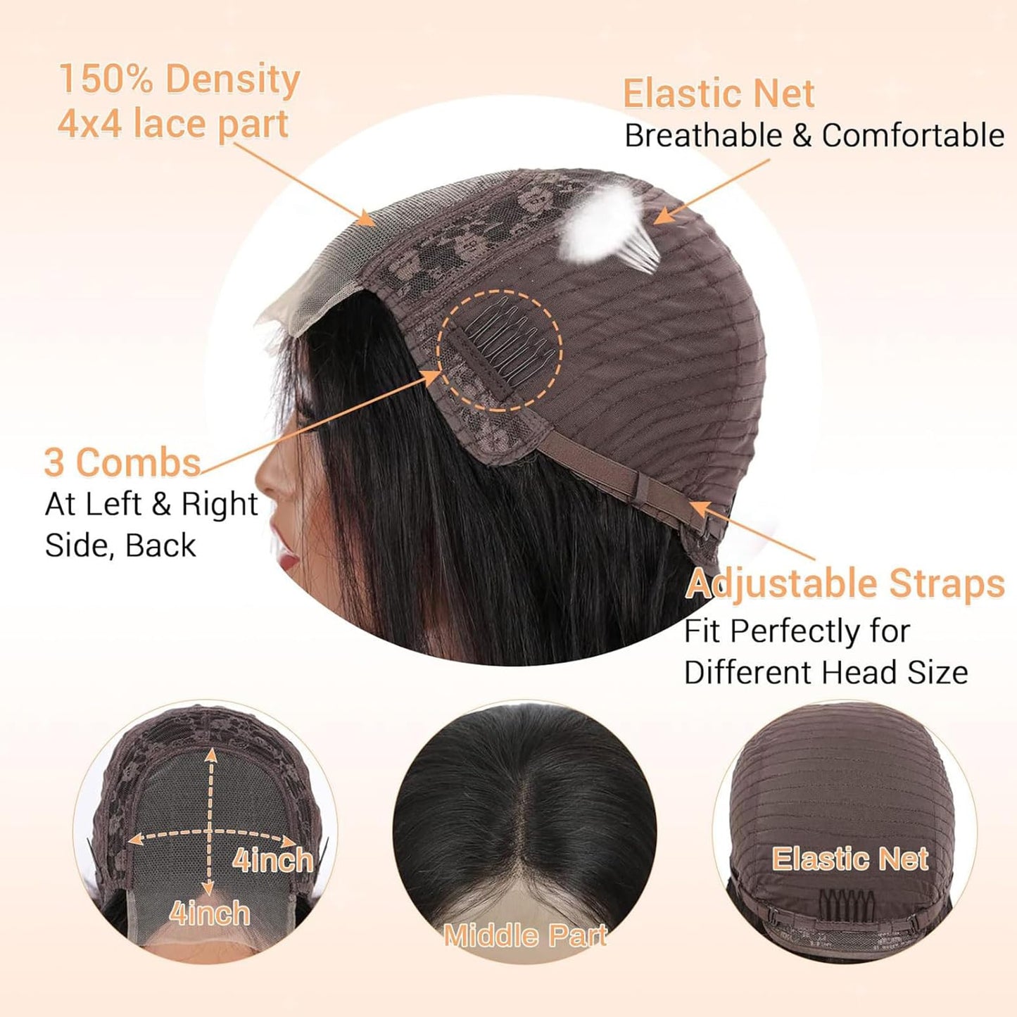 WIGOPARTY Bob Wig Human Hair Glueless - 180% Density Short Straight Wig for Black Women, 4x4 HD Lace Front Pre Plucked & Pre Cut