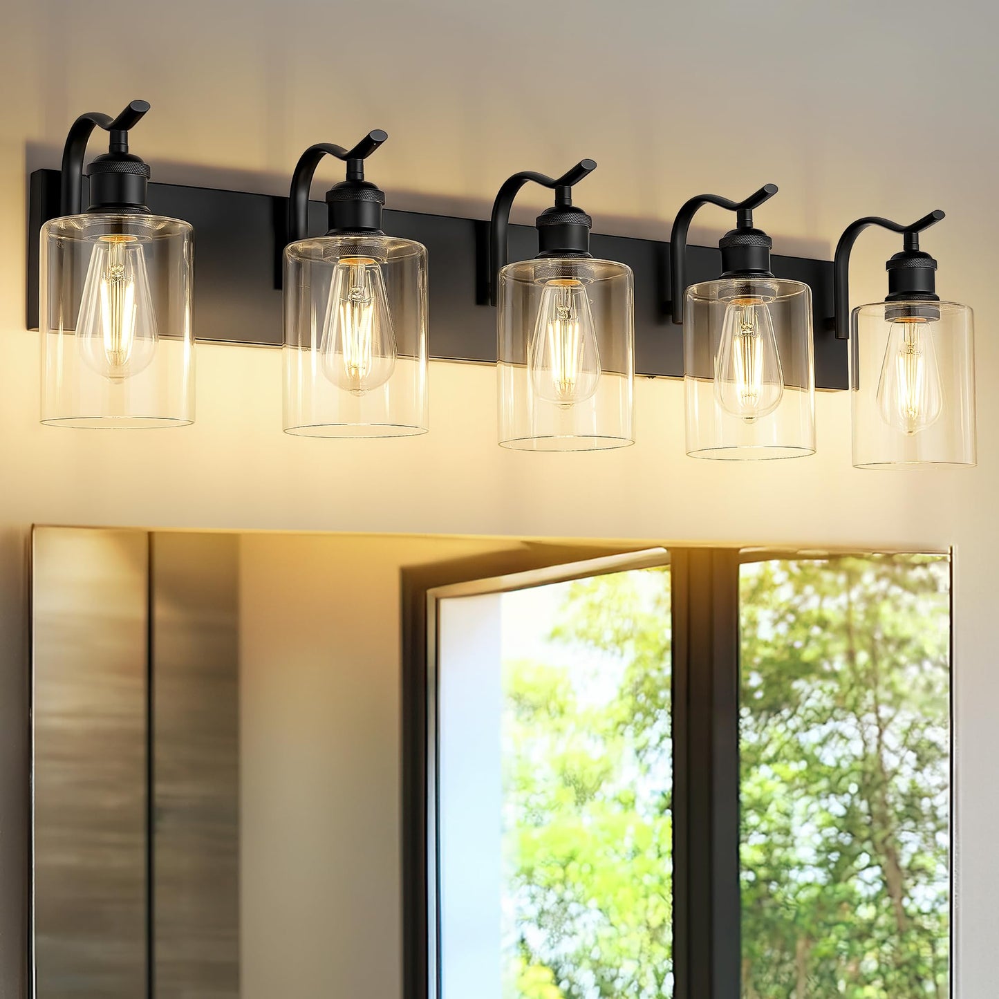 Jazava 5 Light Bathroom Vanity Light  Black Light Fixture Morden Bathroom Lighting Fixtures Over Mirror Black Wall Sconces With Clear Glass Shade Zcvl01Bk-5