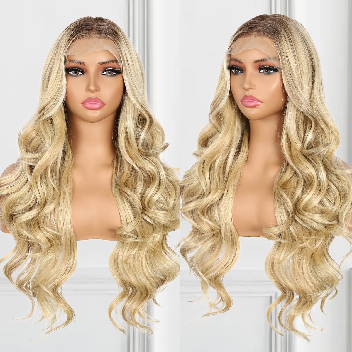 BABEHERS Highlight Blonde Lace Front Wig for Women 13x4 Synthetic Pre-plucked Body Wave Long Wavy wigs 150% Density Heat Resista