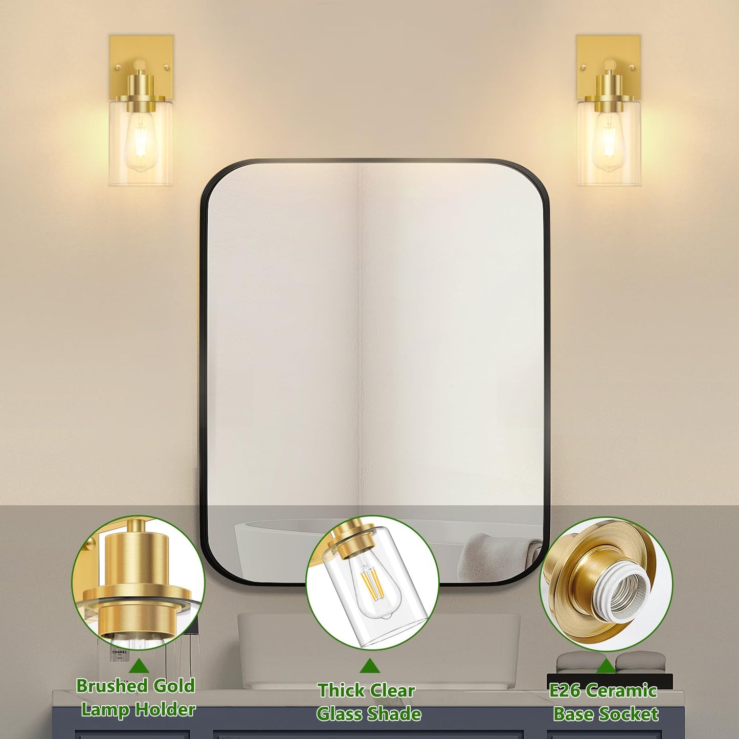Licperron Gold Wall Sconces Set of 2, Modern Glass Shade Lighting Fixtures for Bathroom, Bedroom, Living Room, Hallway, E26 Base