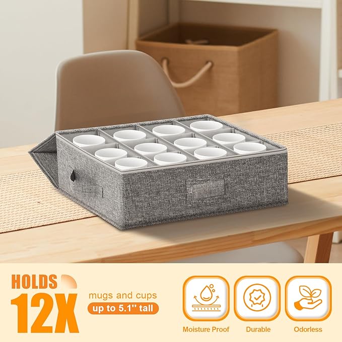 Coffee Mug Storage Box 2 Pack with Dividers, China Storage Containers Organizer Moving Supplies, Hard Shell & Stackable for Coffee Mugs, Tea Cups w/Sturdy Lid & Handles, 24 Compartments, Grey