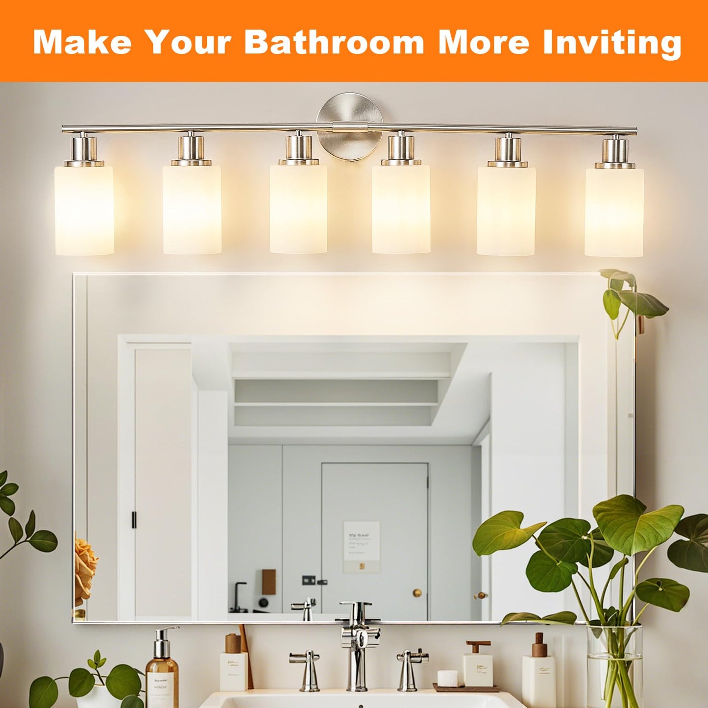 DINGLILIGHTING 6-Light Bathroom Vanity Light Fixtures, Milky White Glass Shade, Brushed Nickel, Metal