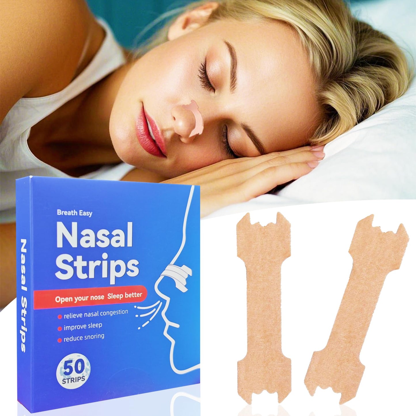 50Pcs Nasal Strips for Snoring, Nose Strips for Breathing, Snoring Aids for Men & Women, Helps Reduce Snoring & Improves Sleep