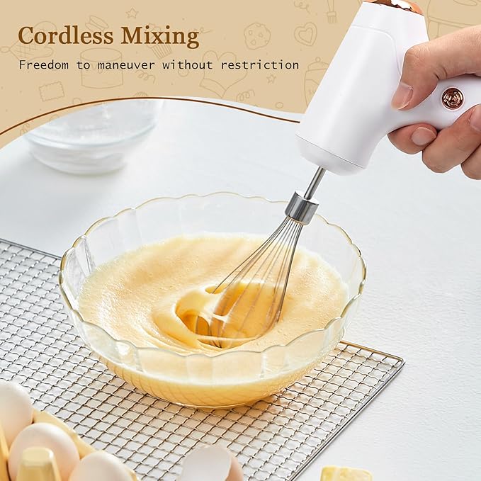 Cordless Hand Mixer, Handheld Electric Whisk with 3 Speed Modes, Hand Held Egg Beater with 2 Detachable Stir Whisks (White)