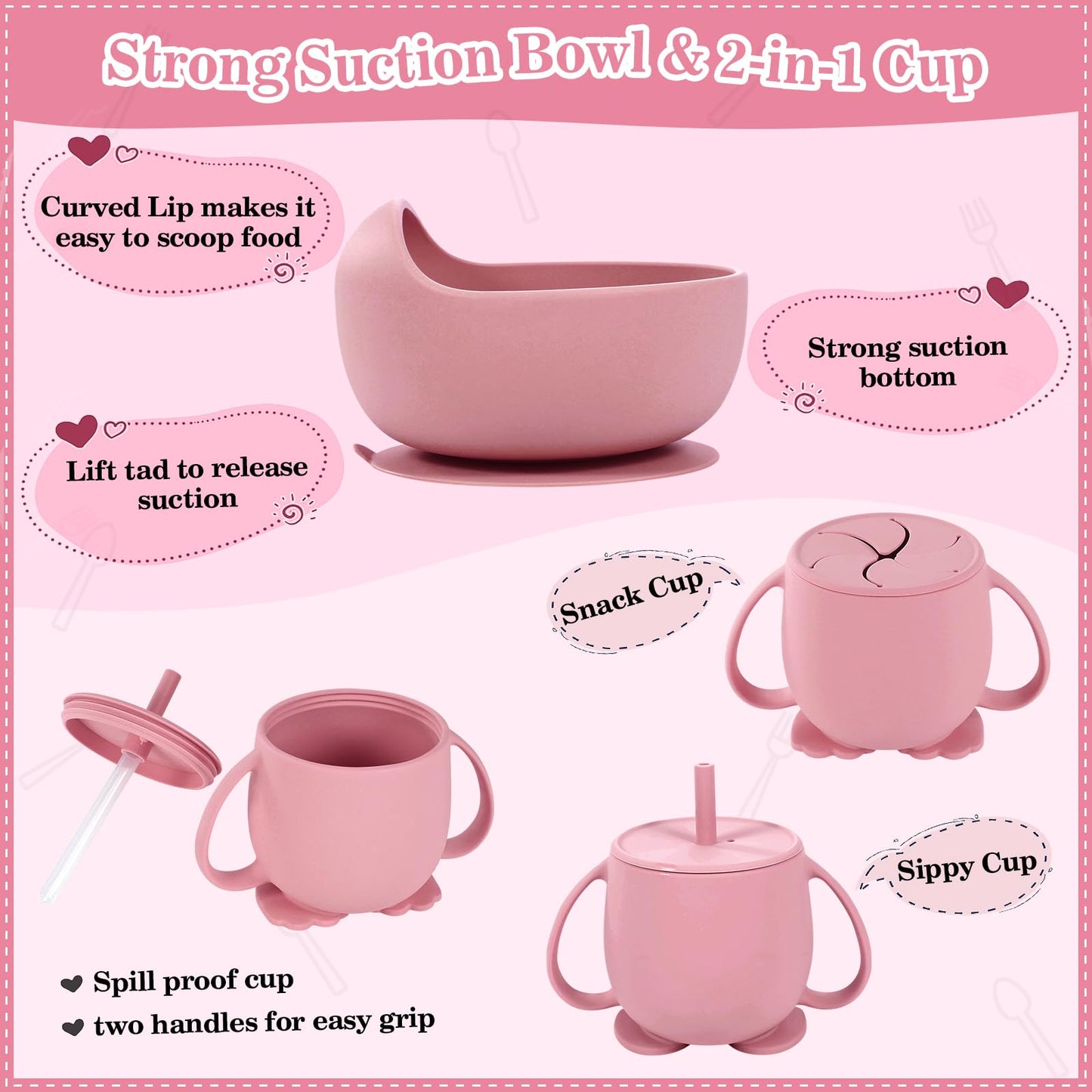 Silicone Baby Feeding Set 10 Pcs Baby Led Weaning Supplies Suction Bowl Divided Plate Baby Bibs Fruit feeder Pacifier Baby Spoons Forks Sippy Cup Utensil Sets Baby Essentials for Newborn （Deep Pink）