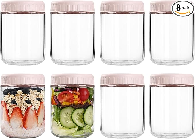 Overnight Oats Containers with Lids, 16oz Glass Jars with Lids 8 pcs, Pink, Wide Mouth Mason jars for Salad, Yogurt, Snacks, Meal Prep