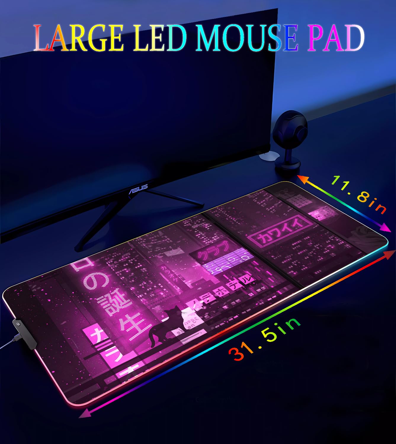 Armanza RGB Gaming Mouse Pad, Large Mousepad with Led Light, Gaming Accessories Keyboard Pad for Desk, Non-Slip Rubber Base Big Mouse Mat for Gamer, 31.5 X 11.8 Inch, Purple Anime