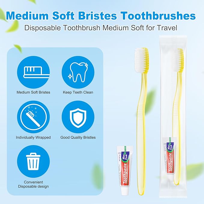 Disposable Toothbrush with Toothpaste Set Bulk, Individually Wrapped Soft Bristles Travel Size Medium Manual Toothbrushes Kit for Hotel/Travel/ Business/Donation/Homeless/Charity/Camping (100 Pack)