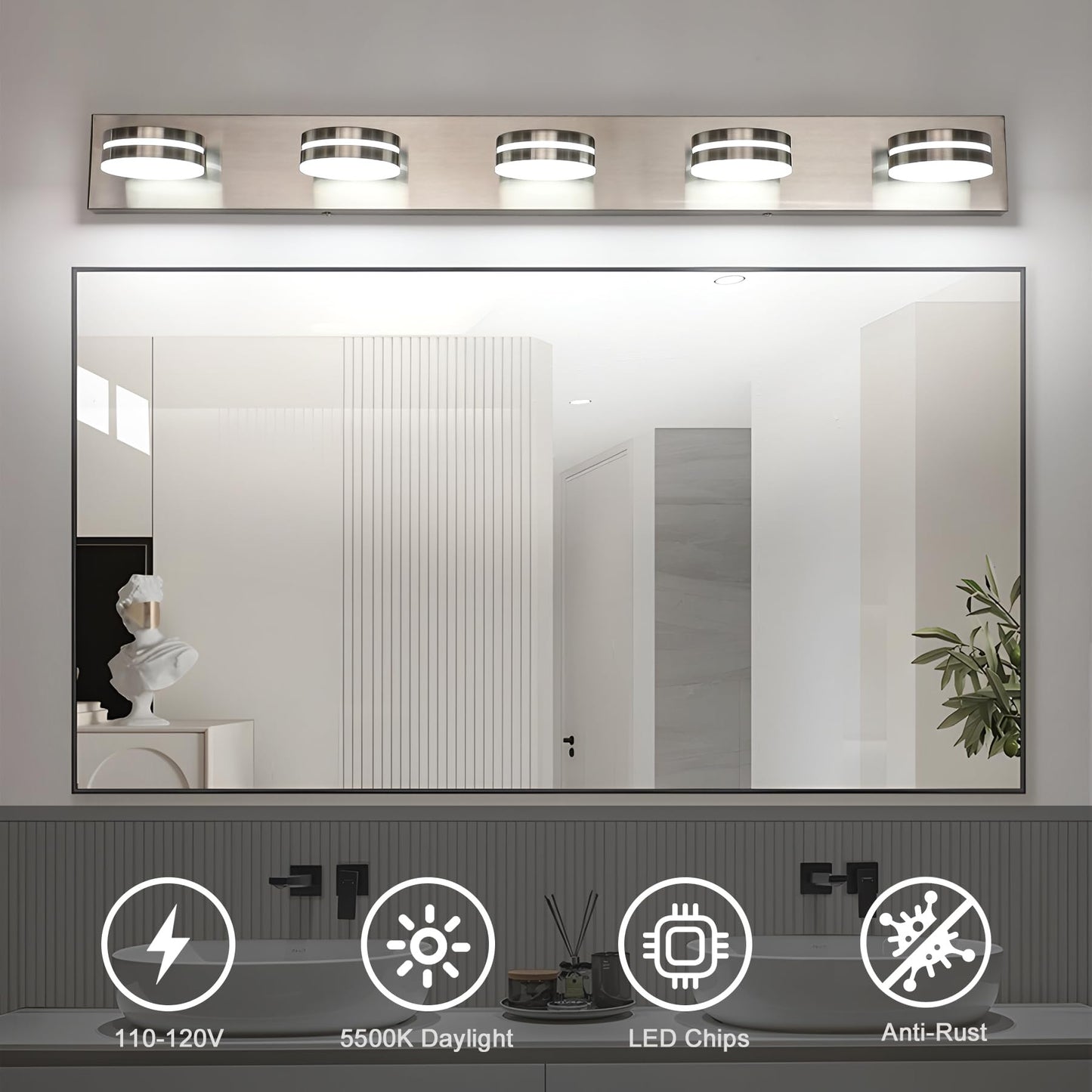 Bicrink Brushed Nickel Bathroom Light Fixtures Over Mirror  5-Light Bathroom Vanity Light  Led Dimmable Bath Lights  Modern Wall Mounted Lighting Fixture With Rotating Lamp Head