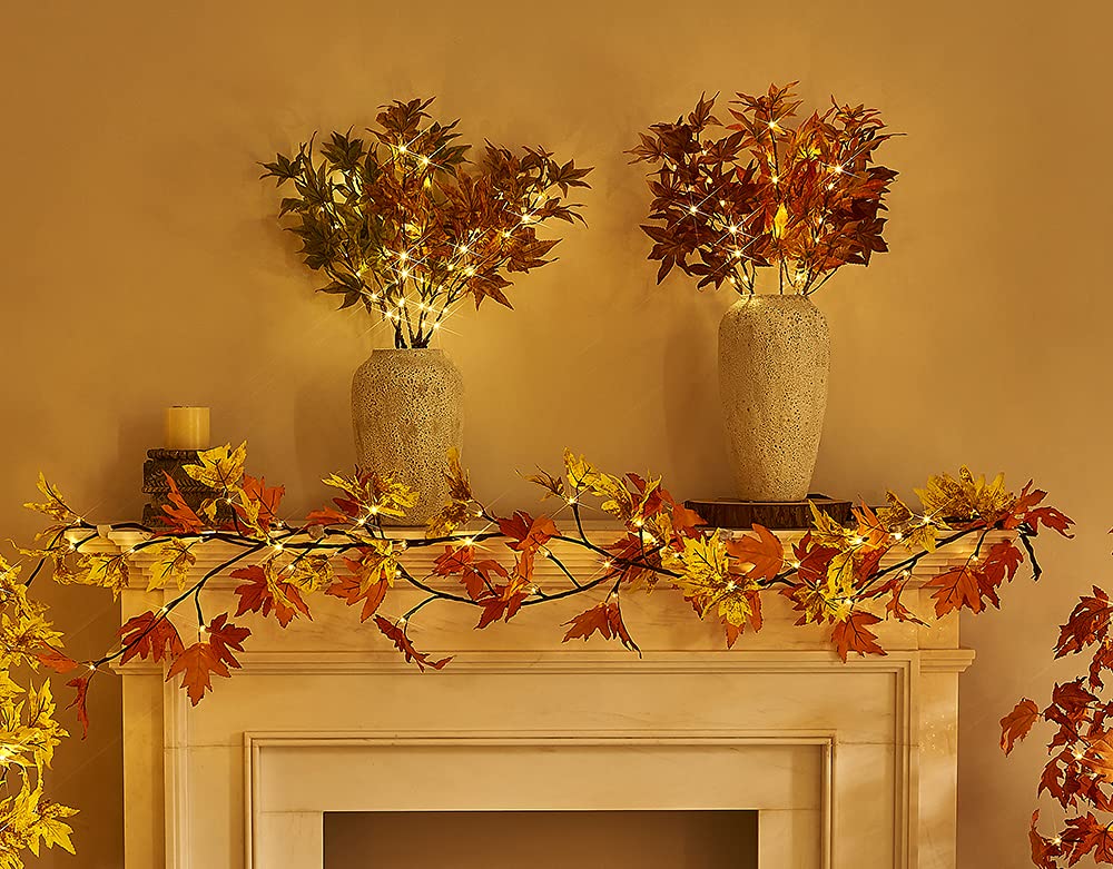Hairui Lighted Maple Leaf Garland - 6Ft, 24 Warm White Leds, Battery Operated, Orange Maple - Perfect For Thanksgiving And Christmas Decor