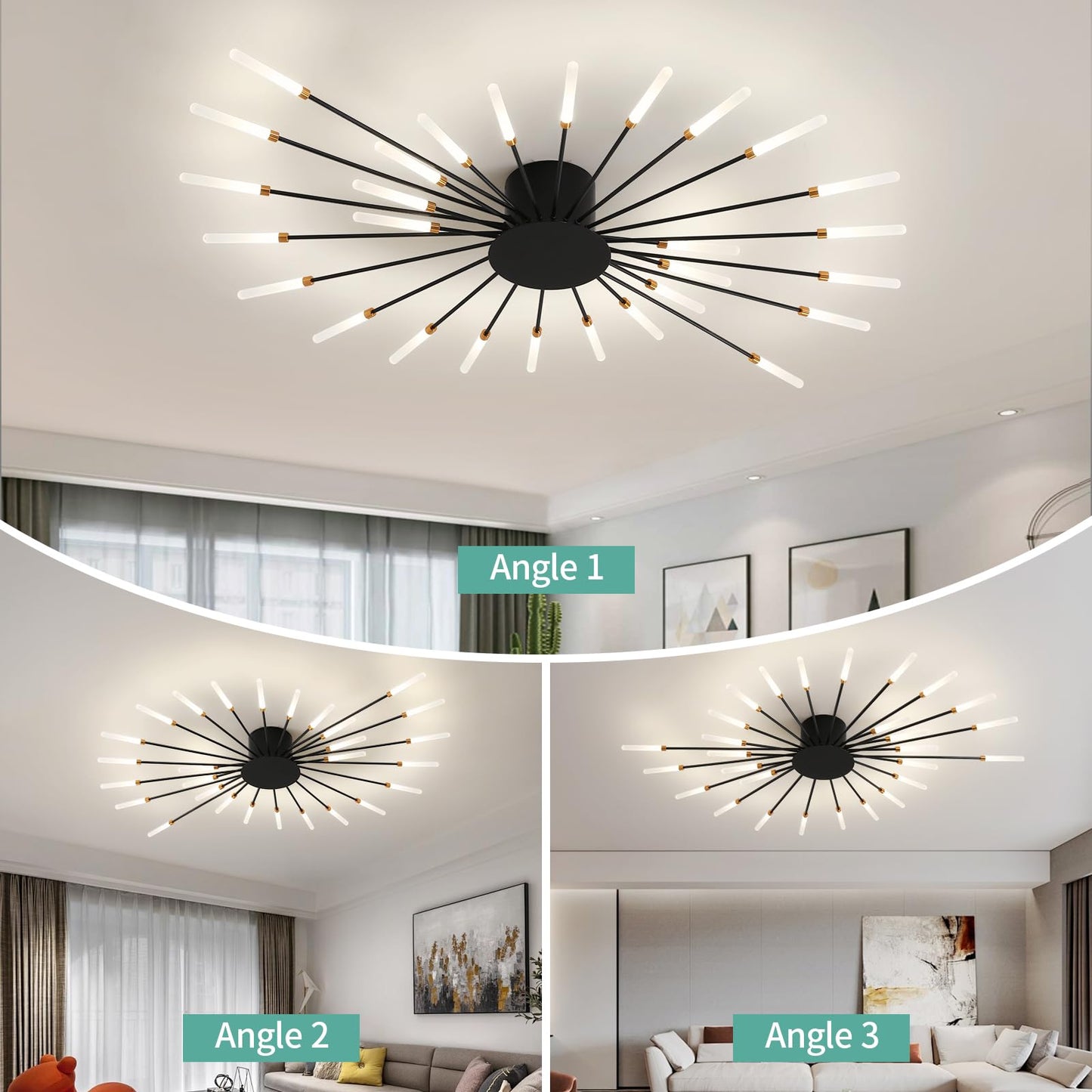 Ziidoo Modern Ceiling Light Fixtures  28 Lights Metal Firework Designed Chic Led Lighting For Farmhouse Kitchen Dining Room Bedroom Hallway Living Room (Black)
