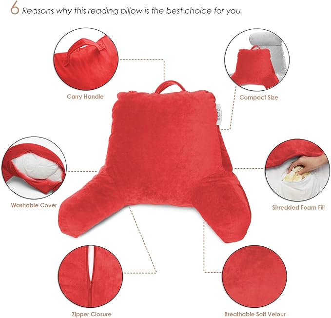 Nestl Reading Pillow for Kids, Small Bed Pillow, Back Pillow for Sitting in Bed, Memory Foam Chair Pillow, Reading & Bed Rest Pillows, Cherry Red Back Pillow for Bed, Arm Pillow with Pockets