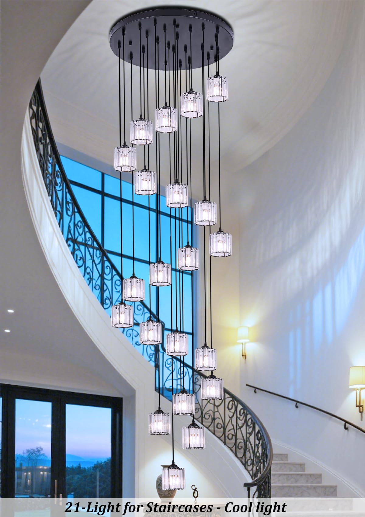 Meimond Long Chandeliers For High Ceilings Modern Crystal Pendant Light Raindrop Drop Lamp Hanging Flush Mount Lighting Fixtures For Spiral Staircase Foyer Entryway Living Room Black (21 Lights)