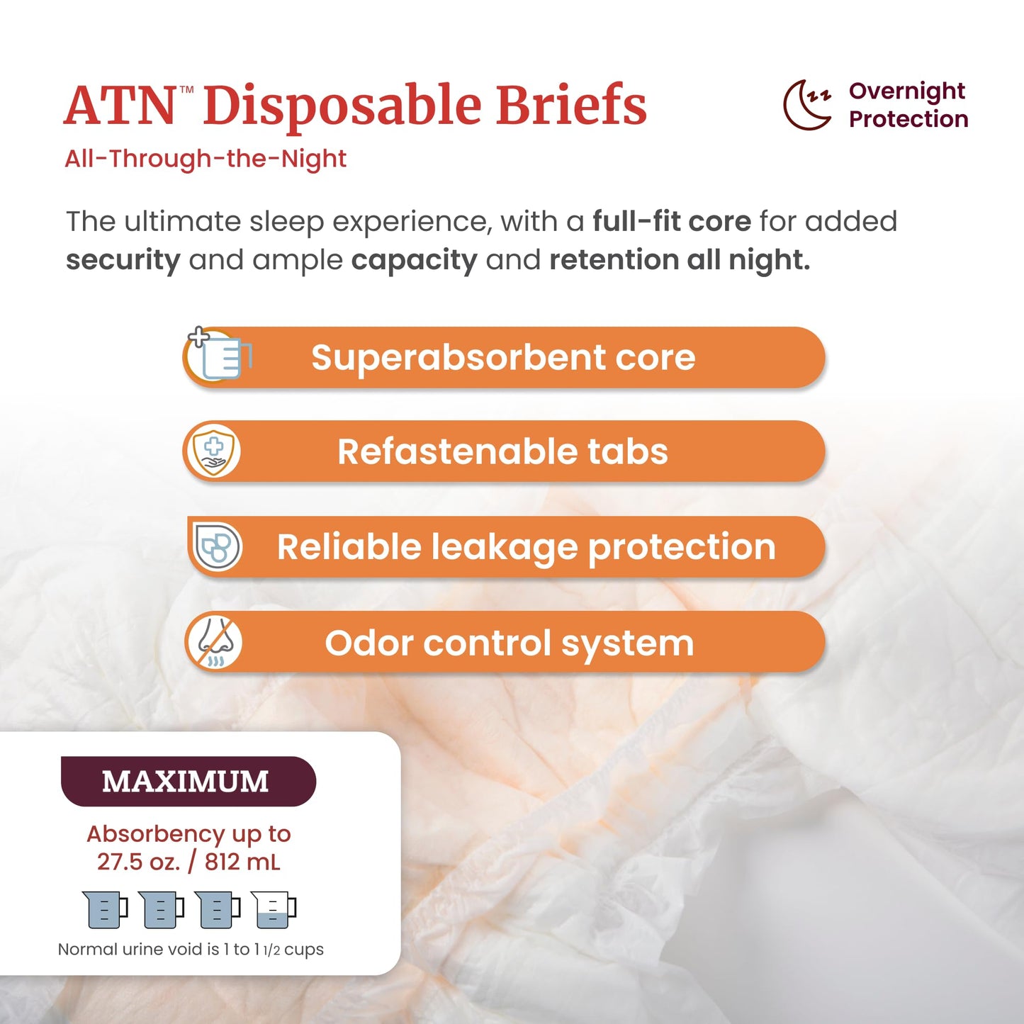 Tranquility Premium ATN Disposable Briefs with Tabs, Overnight Protection Superabsorbent Core for Leak-Free and Full-Fit Comfort, Small 100ct Case