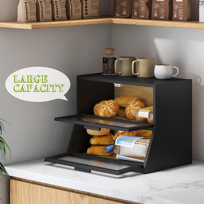 BMOSU Large Bread Box Double Layer Bamboo Bread Box for Kitchen Counter Container Farmhouse Bread Holder Capacity Bread Storage Bin(Black)