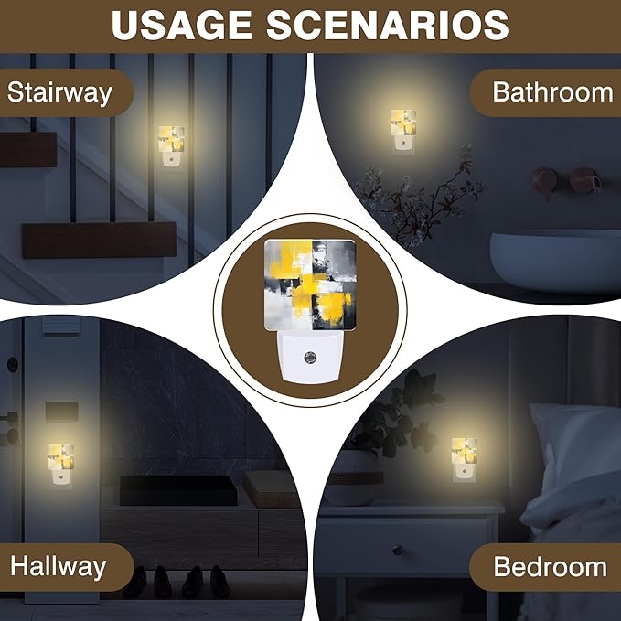 Grey and Yellow Abstract Art Night Light, Plug-in Nightlight with Dusk to Dawn Auto Sensor for Home Bedroom Hallway Kitchen 0.5W Sleep Friendly Led Lamp for Women Men