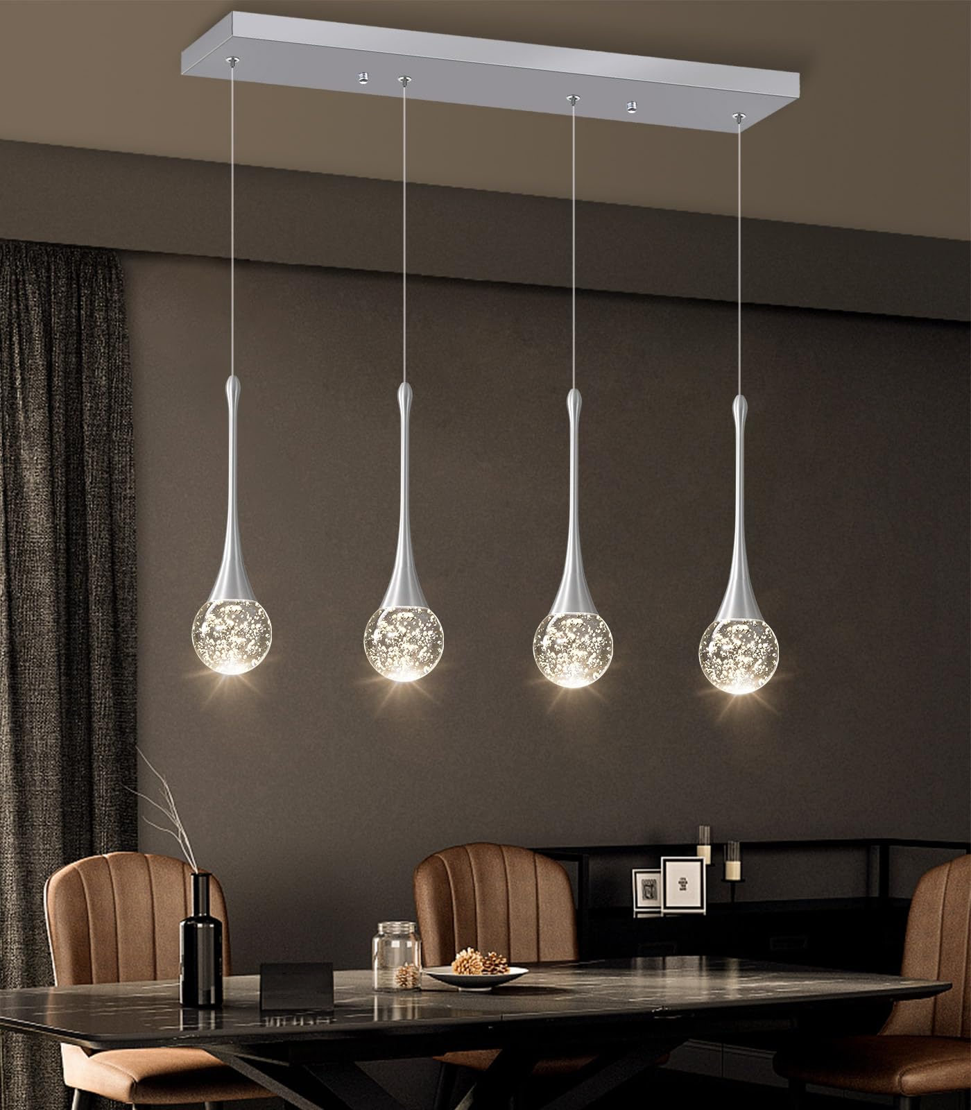 4-Lights Modern Pendant Lights For Kitchen Island Led Dimmable Crystal Glam Ceiling Pendant Lighting Chandelier For Dining Room Hallway Bedroom Silver