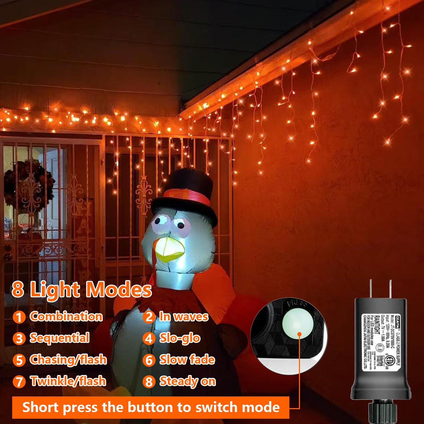 YEGUO 66ft 800 LED Outdoor Icicle Lights, Waterproof, 8 Modes, Orange, Plug-in