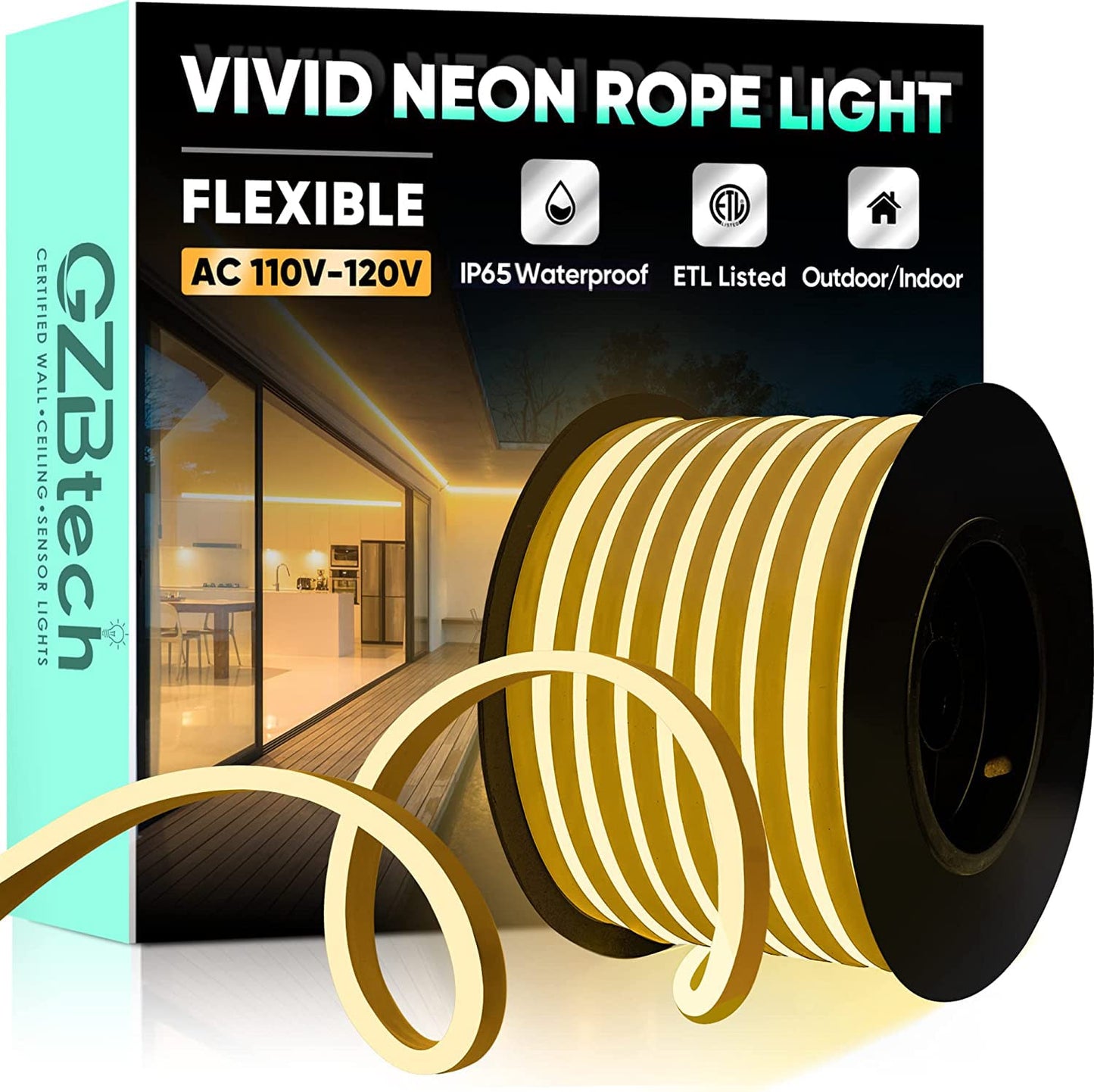 Gzbtech Flexible Led Neon Rope Lights 66Ft Ac 110-120V Waterproof Strip Light  120 Leds/M Cuttable Connectable Neon Lighting For Indoor Outdoor Home Decor/Commercial Building Use-Warm White 20M