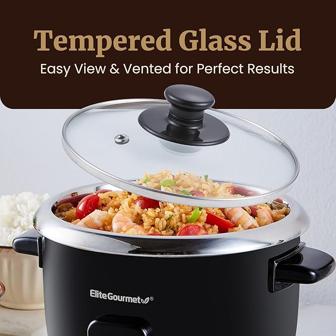 Elite Gourmet ERC006XSS 6-Cup Electric Rice Cooker with 304 Surgical Grade Stainless Steel Inner Pot, Makes Soups, Stews, Porridges, Grains and Cereals, 6 cup (3 cups uncooked), Black