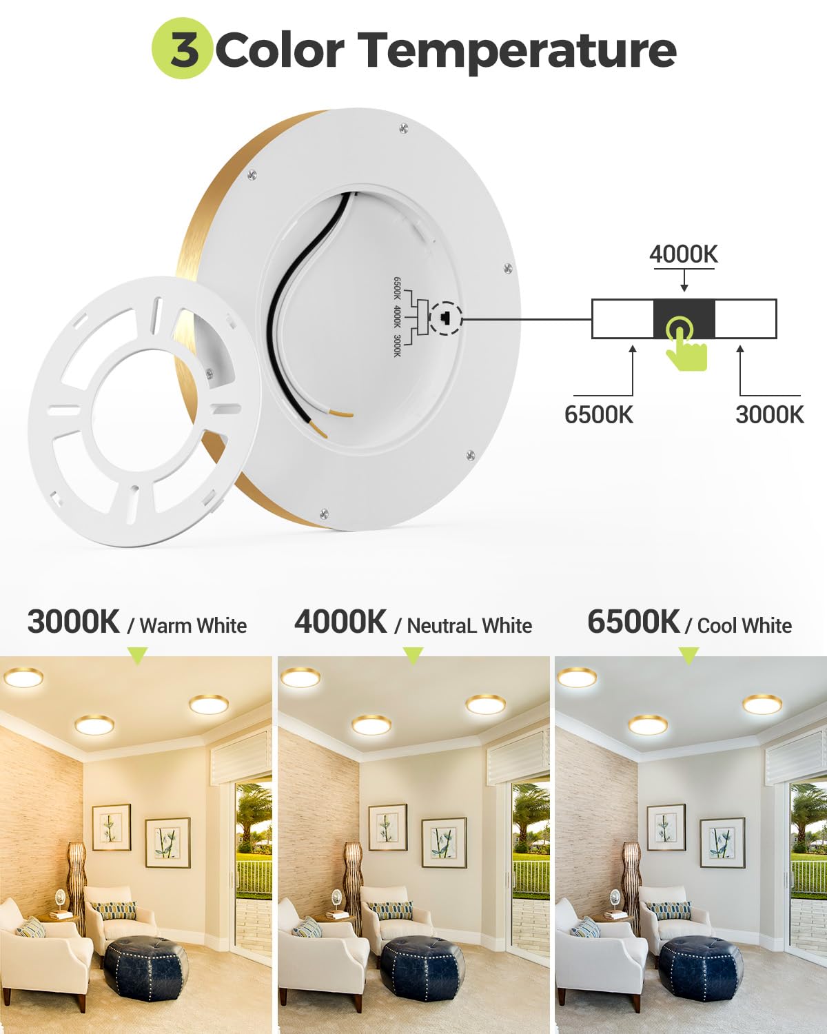 Hepside 6-Pack LED Flush Mount Ceiling Light, 3CCT 3000K-4000K-6500K, 15W 1500Lm, 7.5