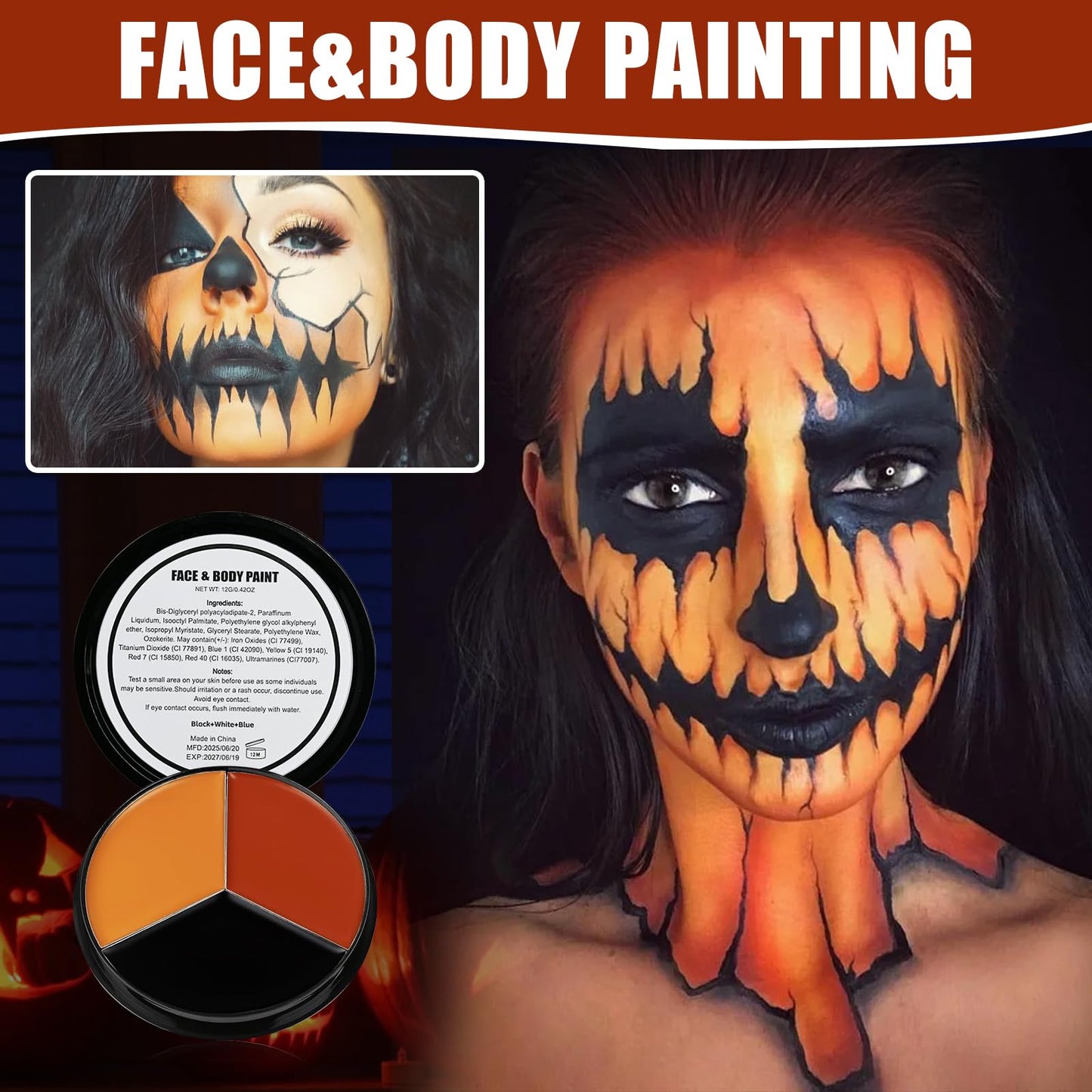 VPCRT6 Black Red Orange Face Body Paint, with 3PCS Sponge and 1PC Brush, Face Painting Kit with Applicator for Halloween Makeup,