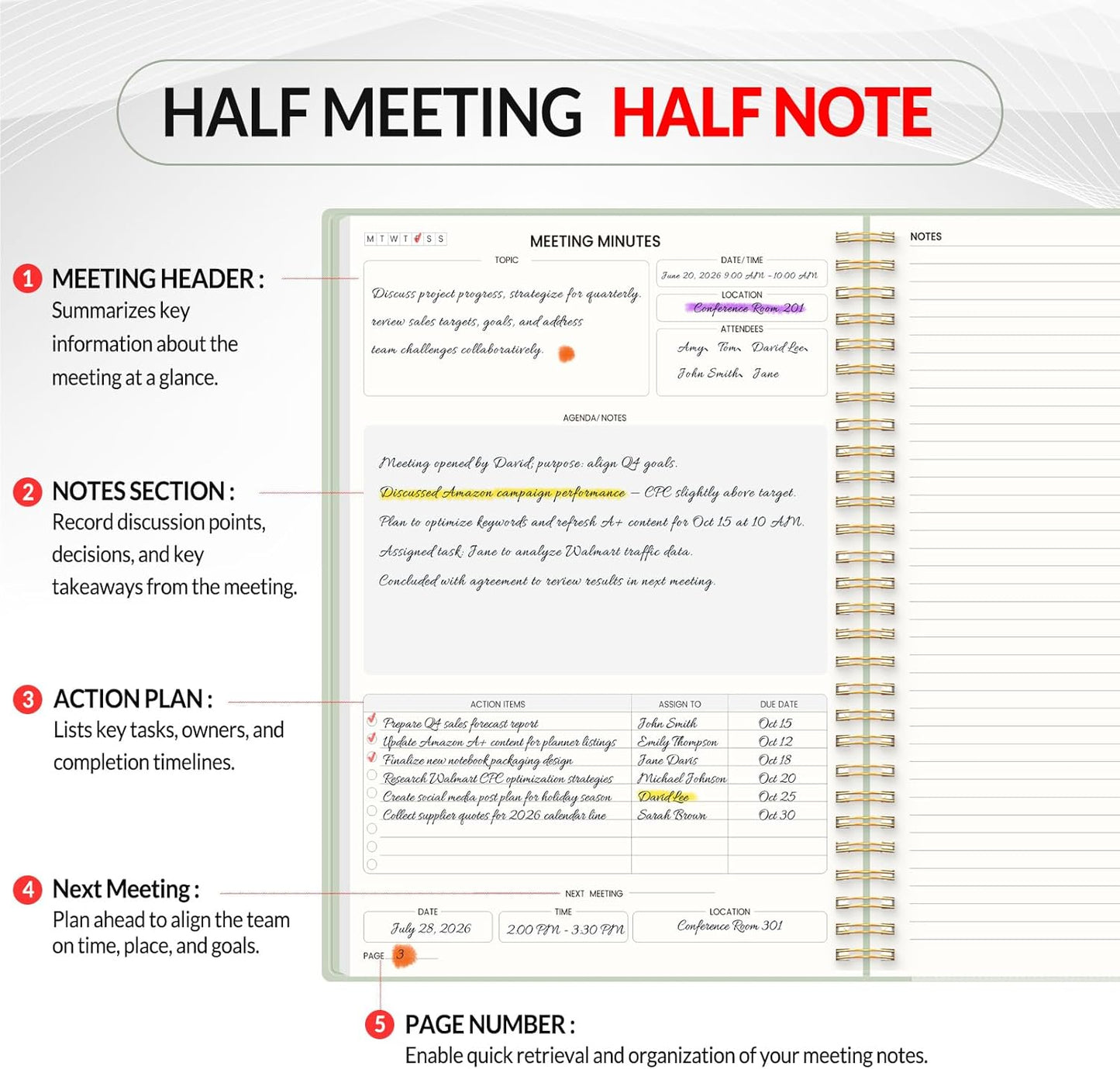 SUNEE Half Meeting Half Note 7"x10" Notebook for Work – 140 Pages, B5 Size Project Planner for Women&Men, Minutes Organizer for Meeting Notes, Ideas for Office/Business, PVC Waterproof Cover, Green