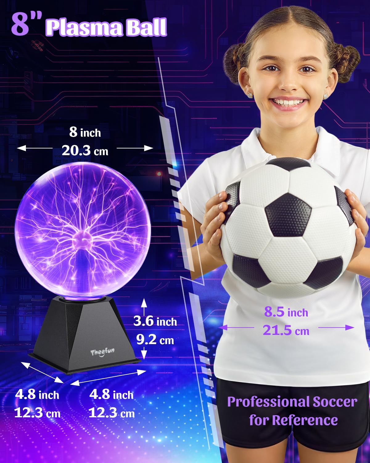 Theefun Plasma Ball  8 Inch Plasma Globe Touch & Sound Sensitive Ball Lamp Electric Lightning Novelty Light For Parties  Home  Prop  Room Decoration  Christmas Gifts  Purple