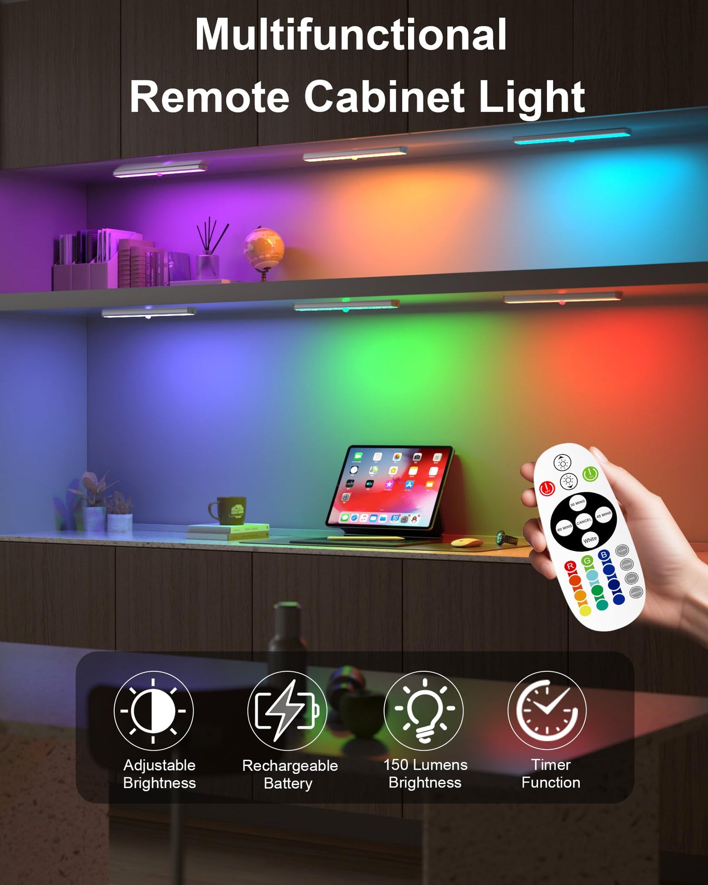 SZOKLED Under Cabinet Lights 48LED Rechargeable Wireless Remote Control Dimmable RGB 15 Color Changing Model RD10-4 4 Pack