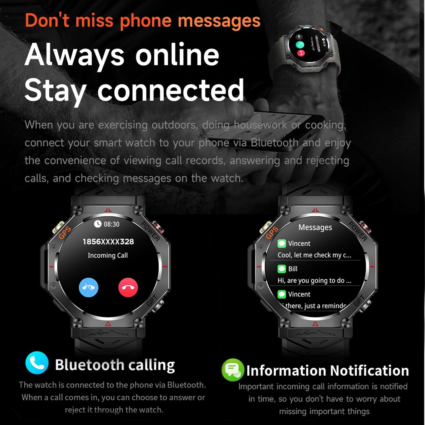 ZLKJ SW8(Black) 1.39" Stylish Smartwatch for Men, Bluetooth Calling, AI Voice Assistant, 107 Sport Modes, 3ATM Waterproof, Fashionable Design, Compatible with Android/iOS