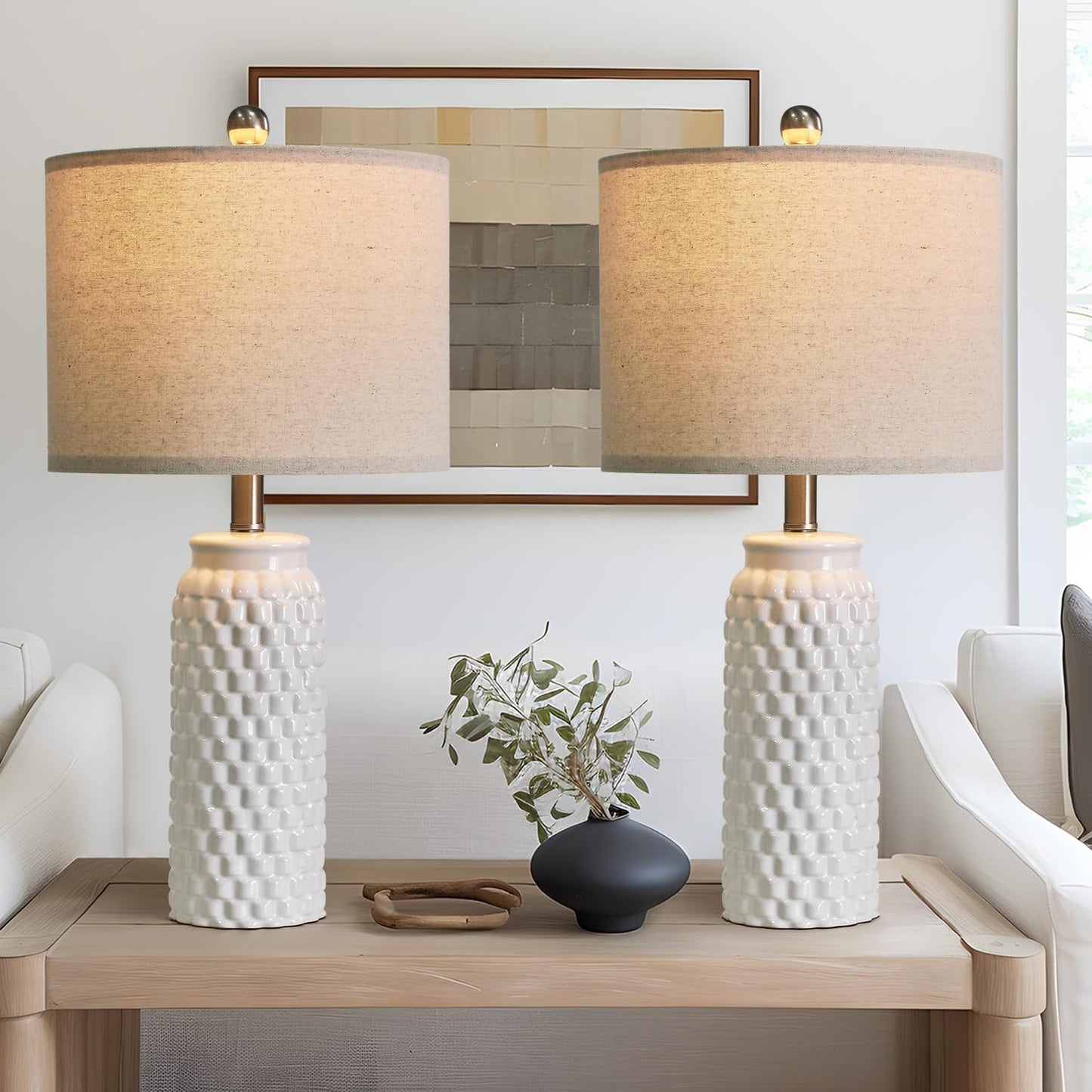 USumkky 24in Ceramic Bedside Lamp Set of 2 - Modern White Table Lamp for Bedroom, Living Room, Office, Model 1092
