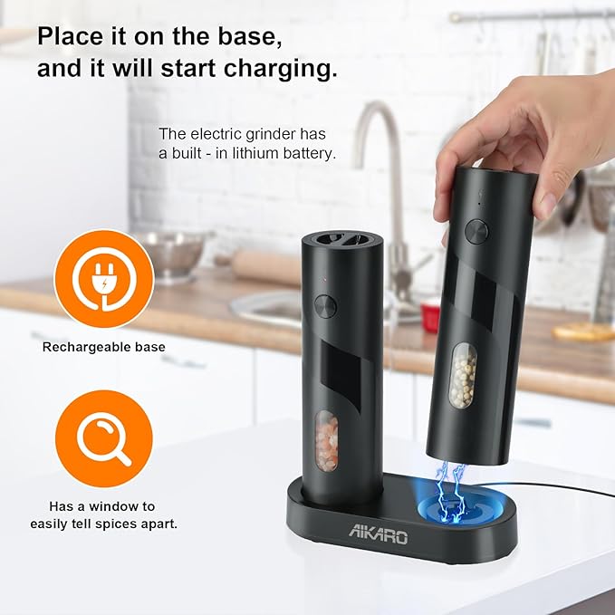 AIKARO - Electric Salt and Pepper Mill Automatic Spice Grinder, Rechargeable (Set)