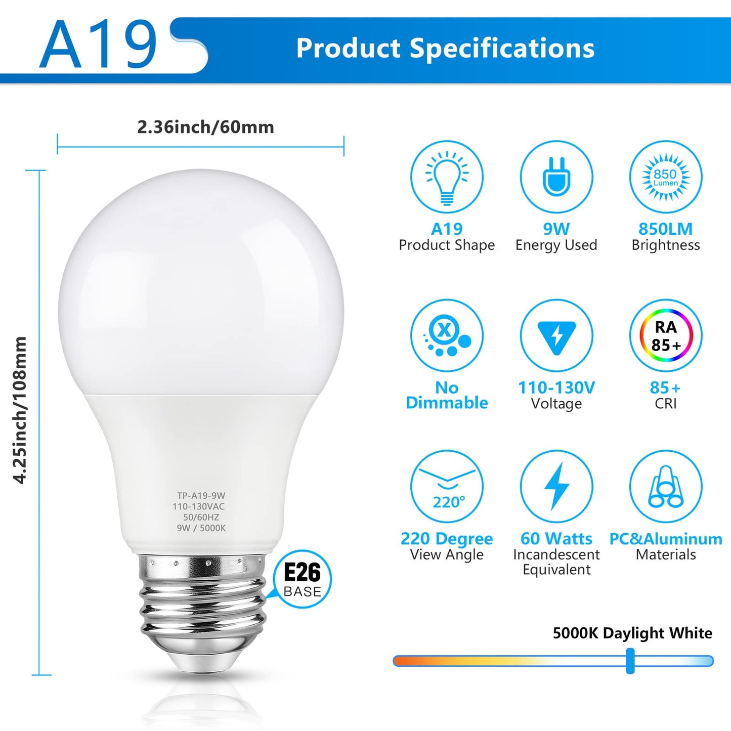 Maylaywood A19 LED Light Bulbs, 60 Watt Equivalent LED Bulb, Daylight White 5000K, 850 Lumen, E26 Base, Non-Dimmable, 9W Bright White LED Bulb, 4-Pack
